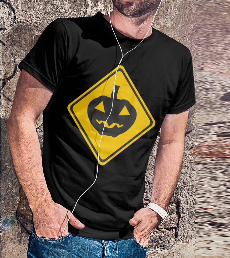 Halloween Pumpkin Face Warning Sign Icon On Yellow Diamond Background T-Shirt