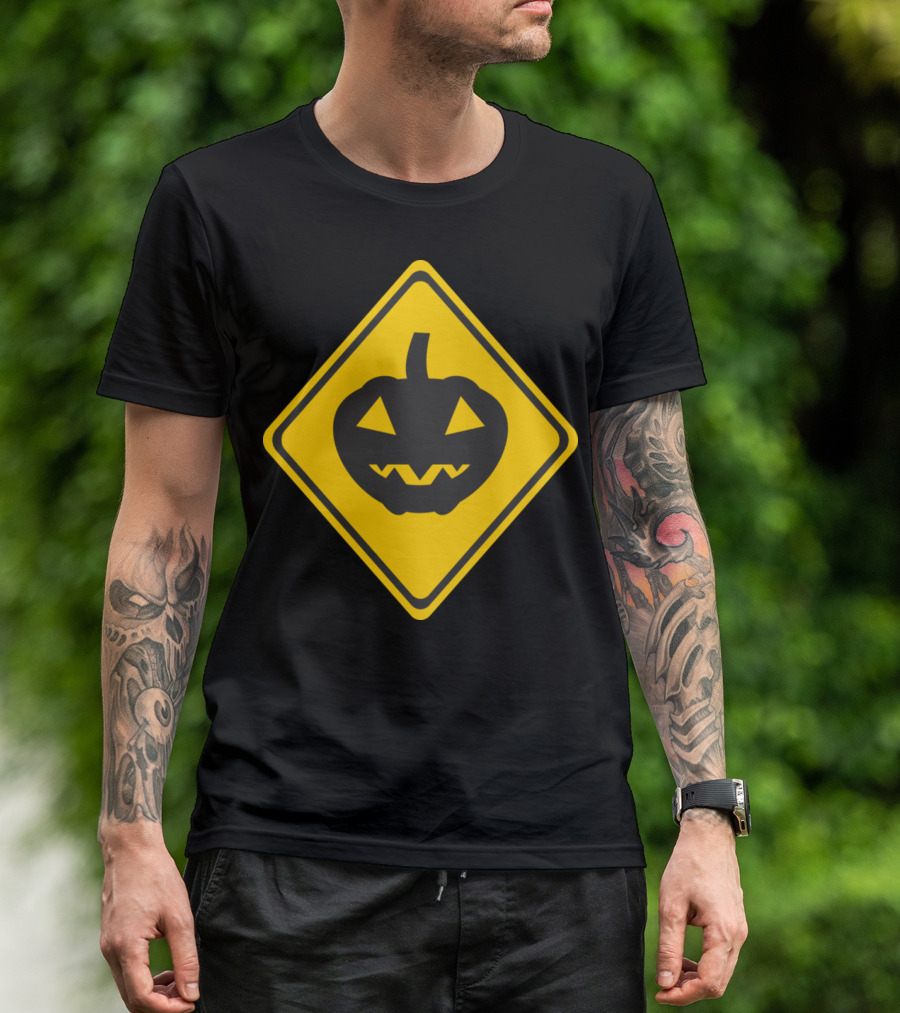 Halloween Pumpkin Face Warning Sign Icon On Yellow Diamond Background T-Shirt