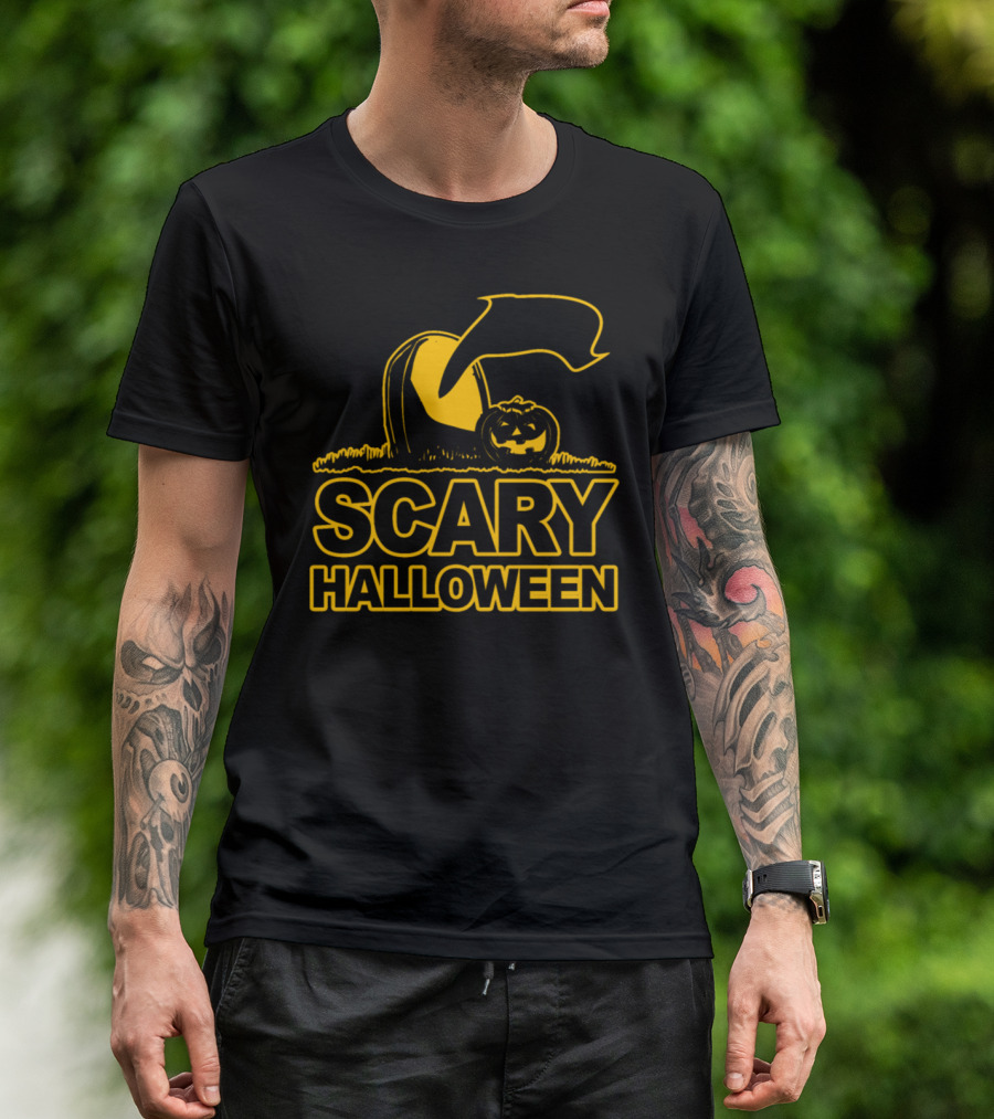 Scary Halloween Pumpkin Grave Stone With Flag T-Shirt