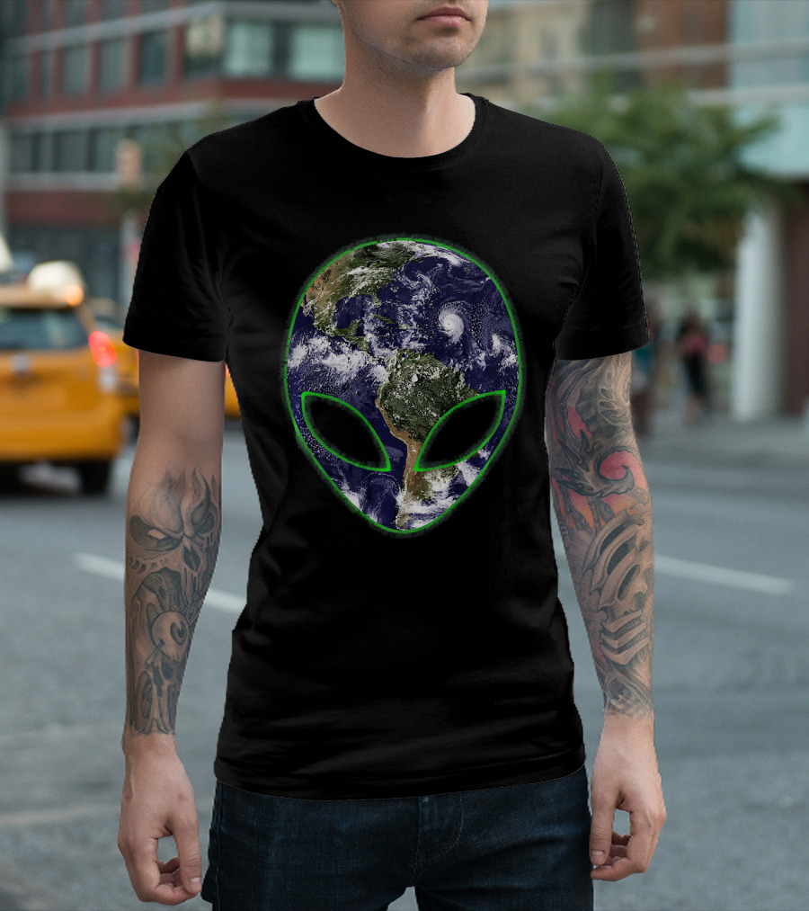 Aliens On Earth Grey Face With Planet T-Shirt
