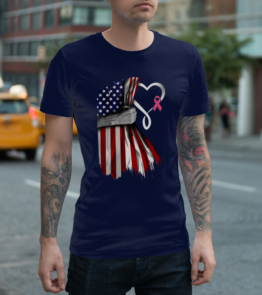 Breast Cancer Awareness American Flag Heart T-Shirt