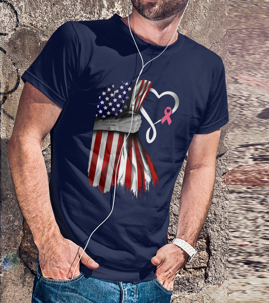 Breast Cancer Awareness American Flag Heart T-Shirt