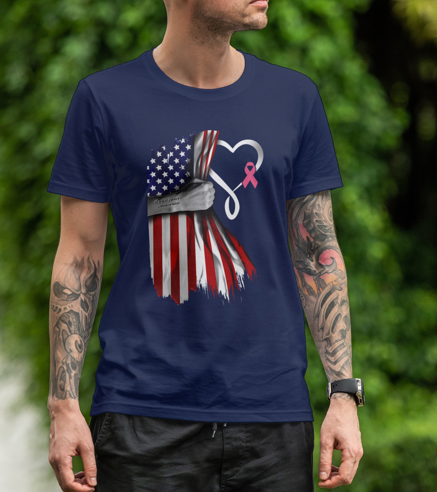 Breast Cancer Awareness American Flag Heart T-Shirt