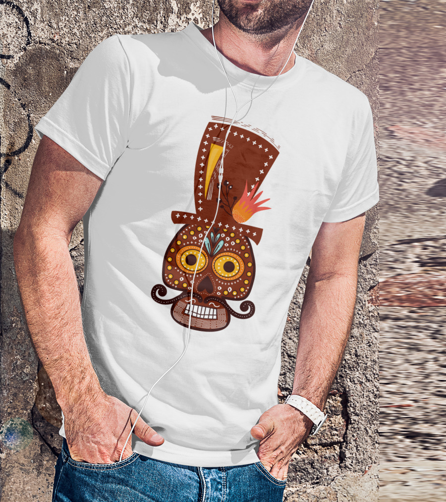 Skull Series 156 Colorful Day Of The Dead Sugar Skull Top Hat Mustache T-Shirt