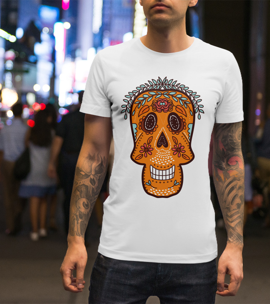 Skull Smile Sugar Skull Floral Día De Los Muertos T-Shirt