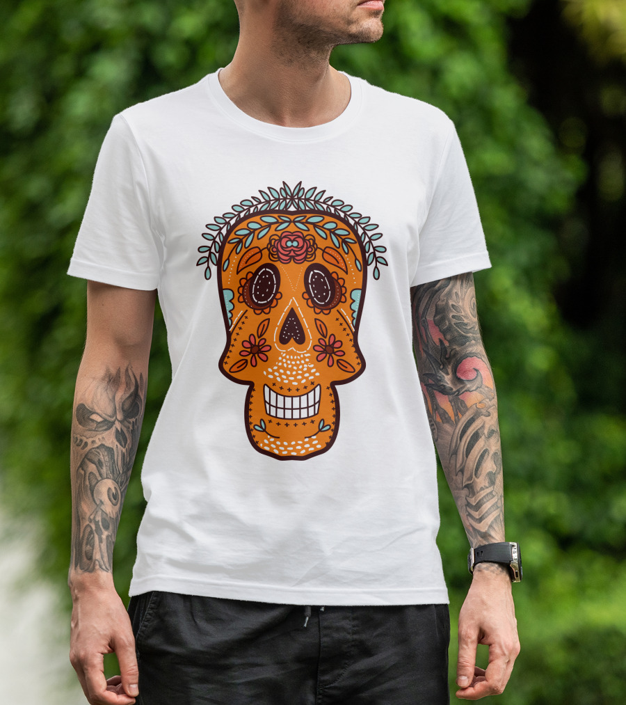 Skull Smile Sugar Skull Floral Día De Los Muertos T-Shirt
