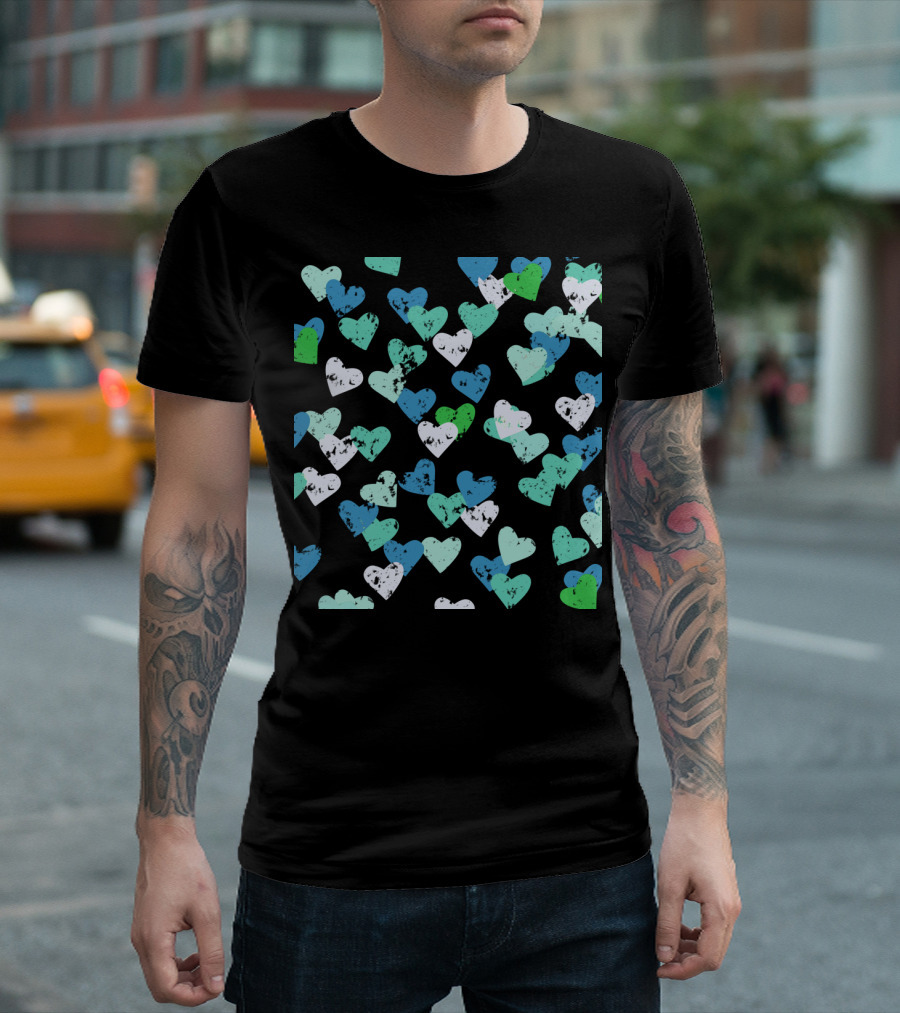 Blue Hearts Pattern with Mixed Colors and Grunge Texture T-Shirt