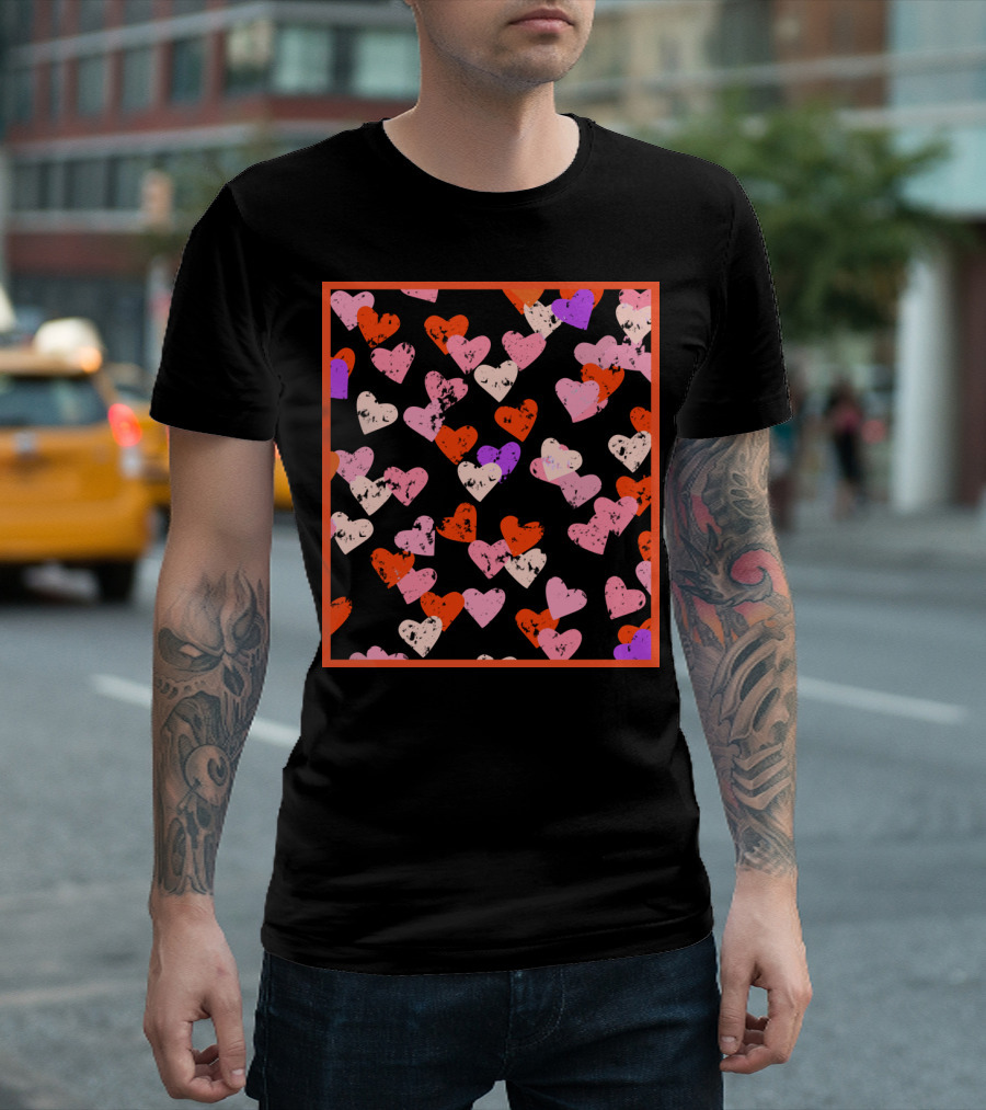 Red Pink Purple Hearts Pattern With Red Frame T-Shirt