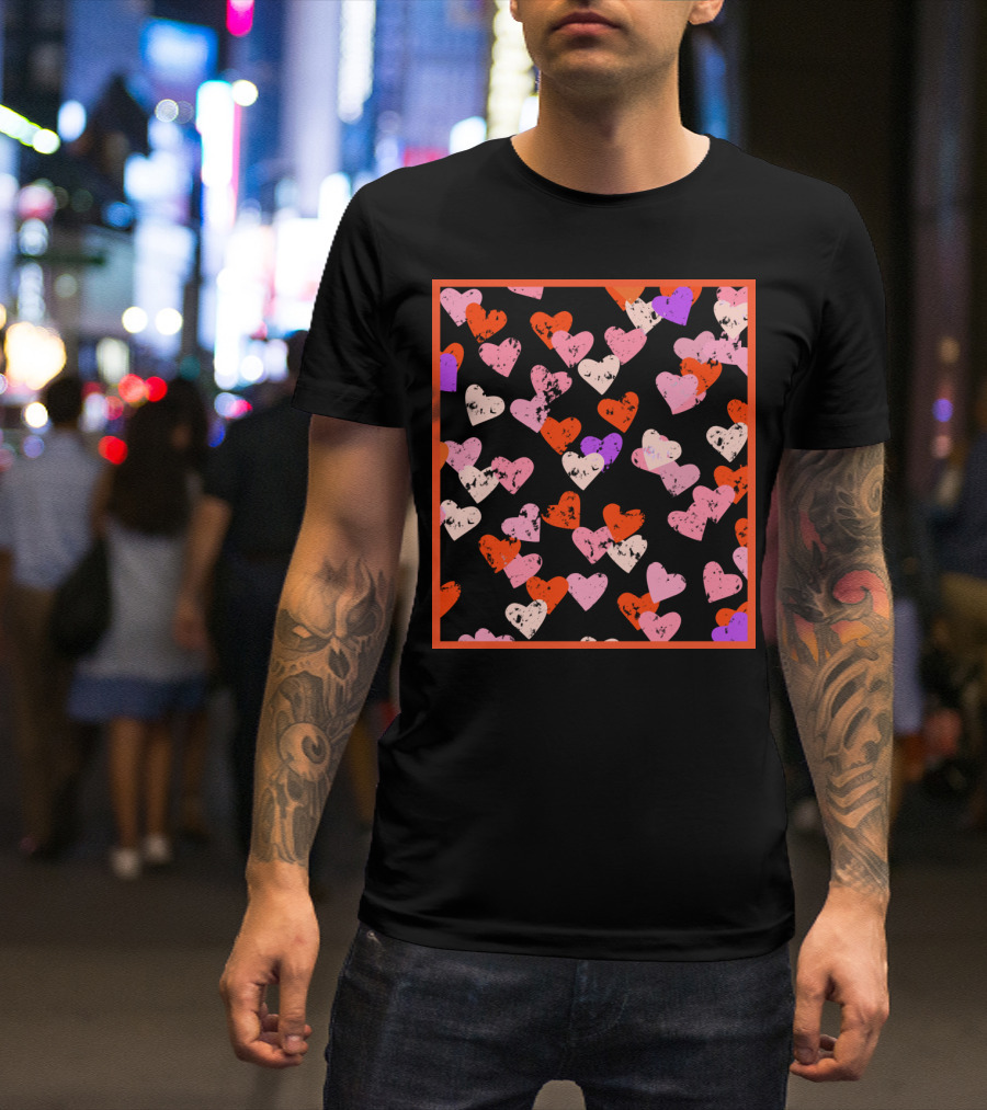 Red Pink Purple Hearts Pattern With Red Frame T-Shirt