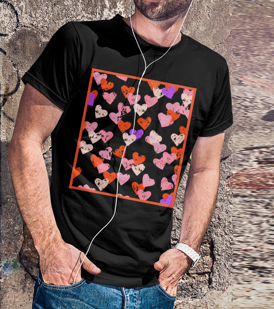 Red Pink Purple Hearts Pattern With Red Frame T-Shirt