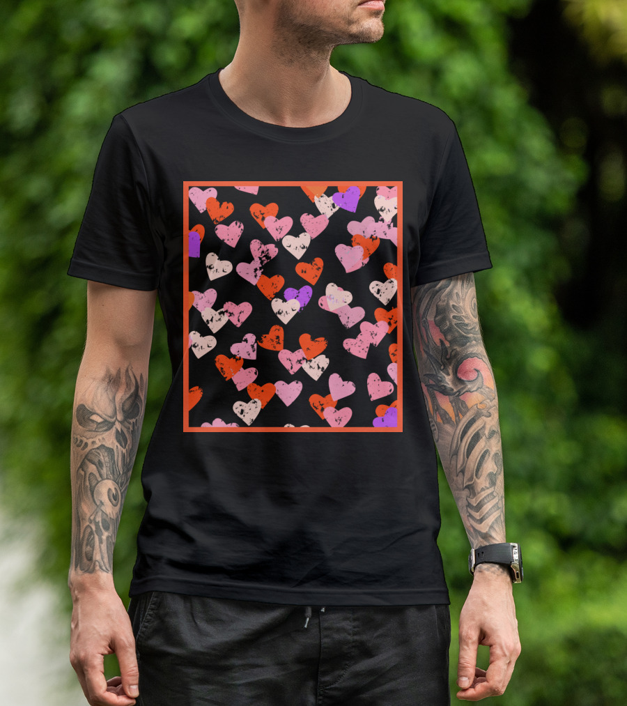 Red Pink Purple Hearts Pattern With Red Frame T-Shirt