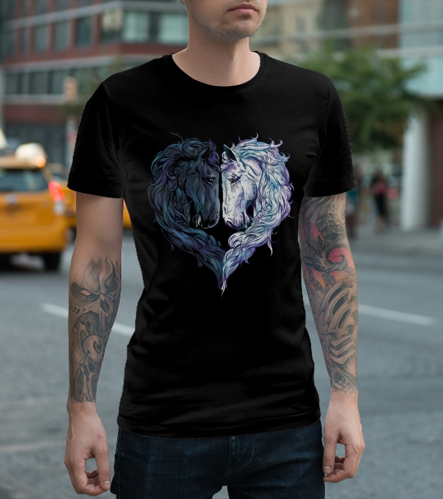 Love Horses Artistic Heart-Shaped Black and White Horse T-Shirt