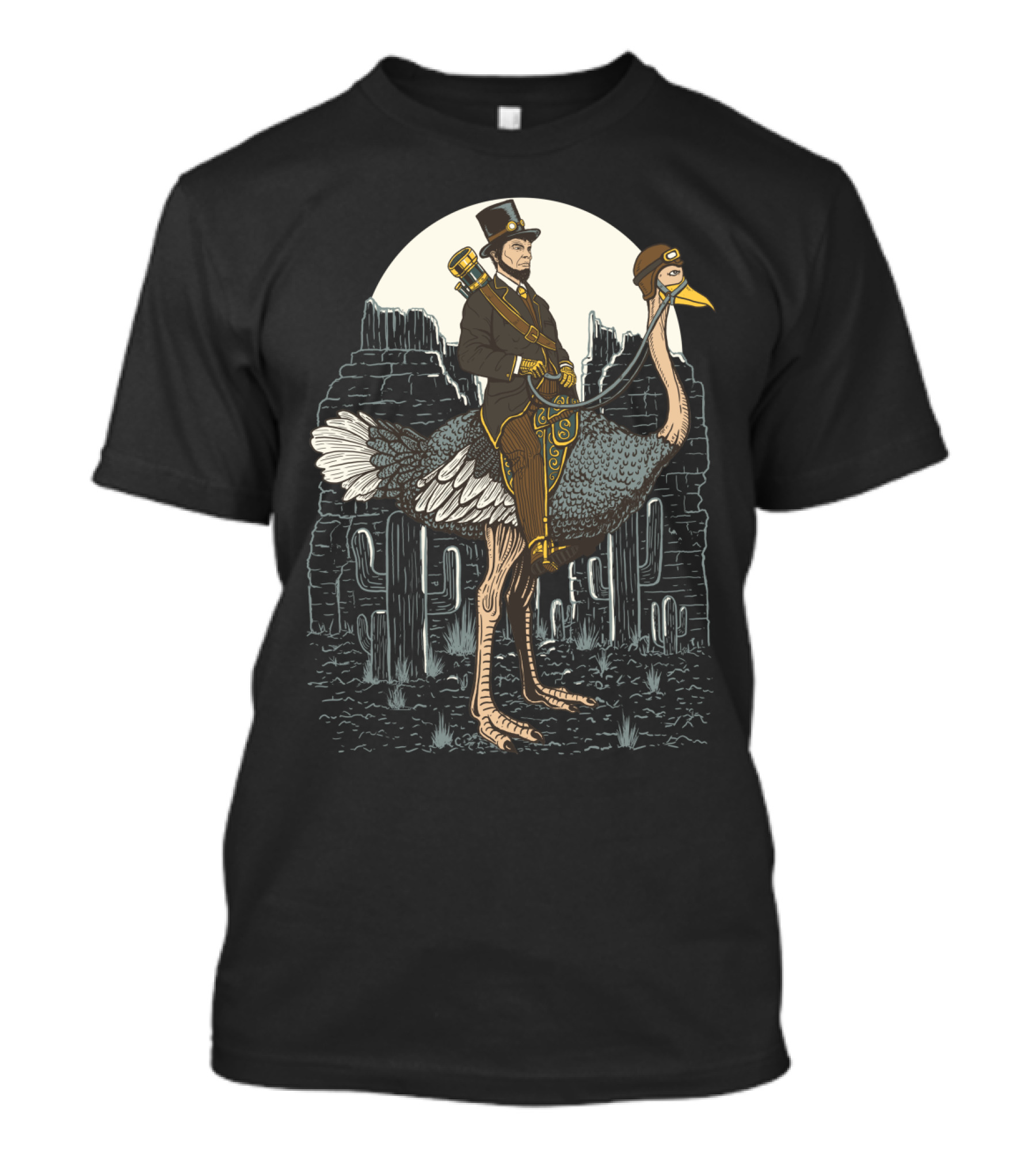 The Lone Ranger Gentlemen In Top Hat Riding Ostrich In Desert Moonlit Scene T-Shirt