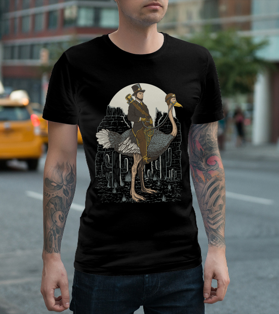 The Lone Ranger Gentlemen In Top Hat Riding Ostrich In Desert Moonlit Scene T-Shirt