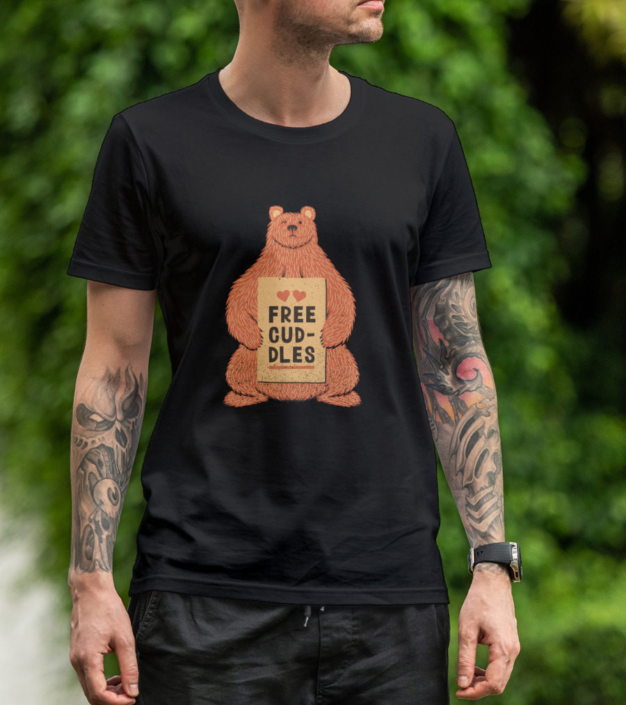 Free Cuddles Cute Orange Bear Holding Sign With Hearts T-Shirt