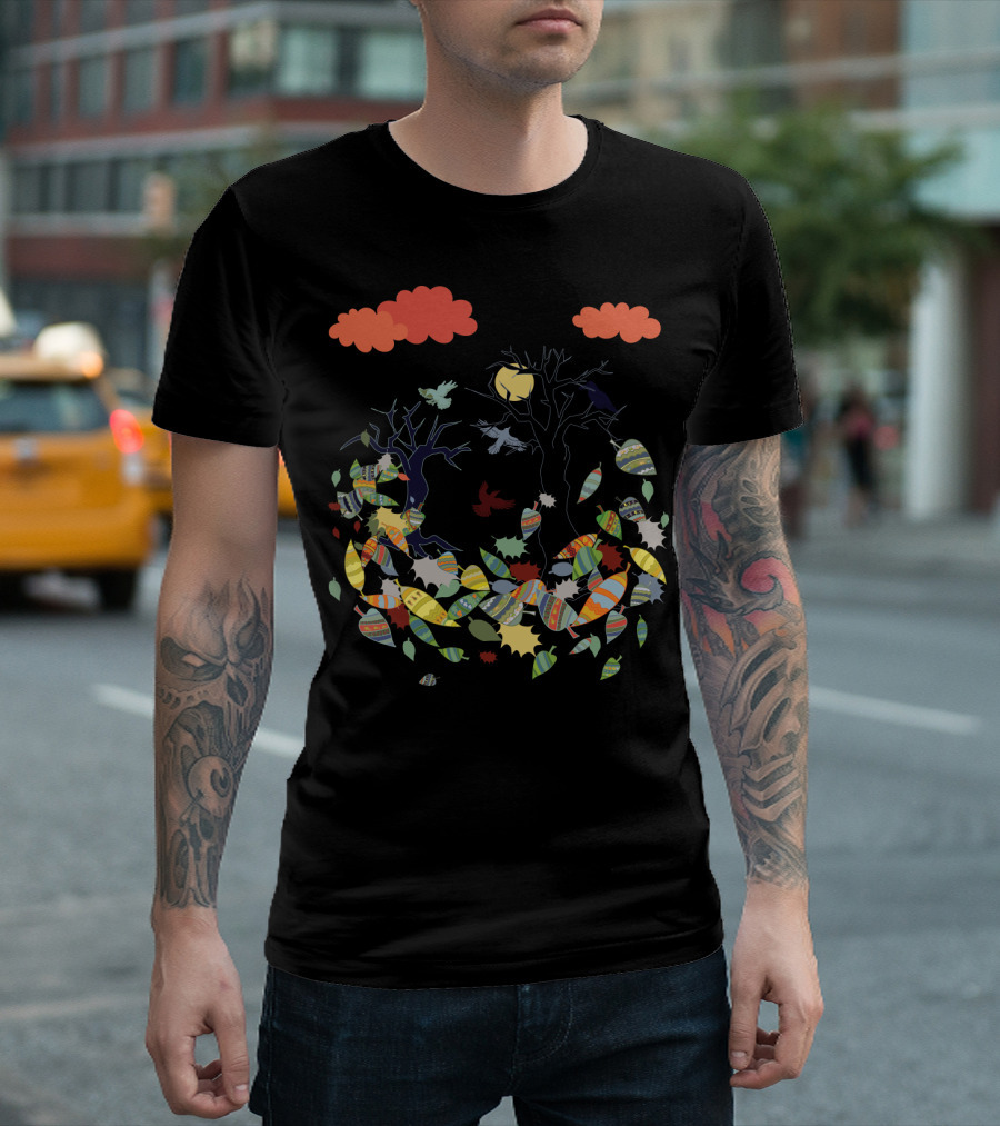 Crows in Autumnal Swirl of Colorful Leaves and Trees with Vibrant Orange Clouds T-Shirt