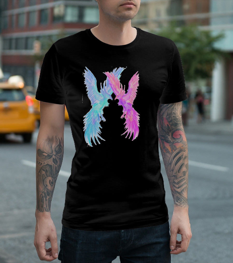 Phoenix Dance Vibrant Duality With Blue And Pink Avian Forms T-Shirt
