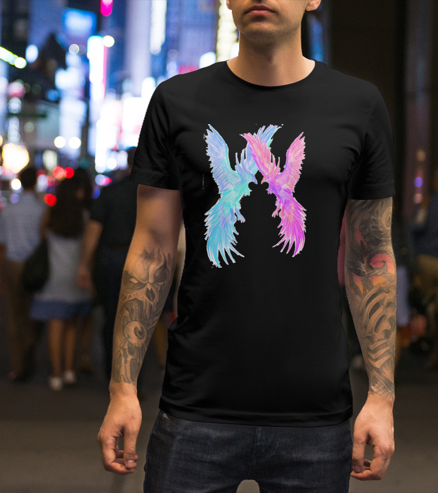 Phoenix Dance Vibrant Duality With Blue And Pink Avian Forms T-Shirt