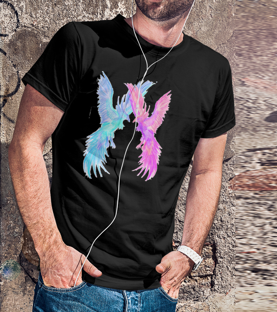 Phoenix Dance Vibrant Duality With Blue And Pink Avian Forms T-Shirt