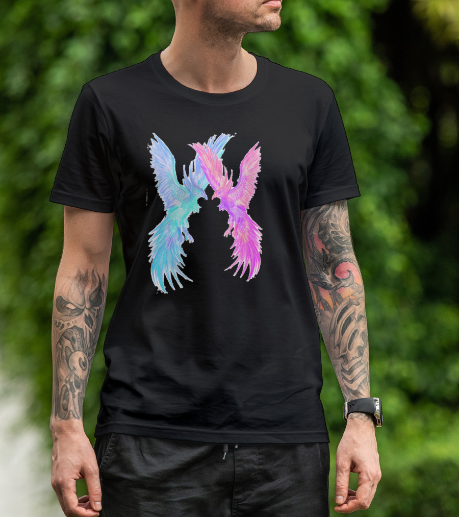Phoenix Dance Vibrant Duality With Blue And Pink Avian Forms T-Shirt