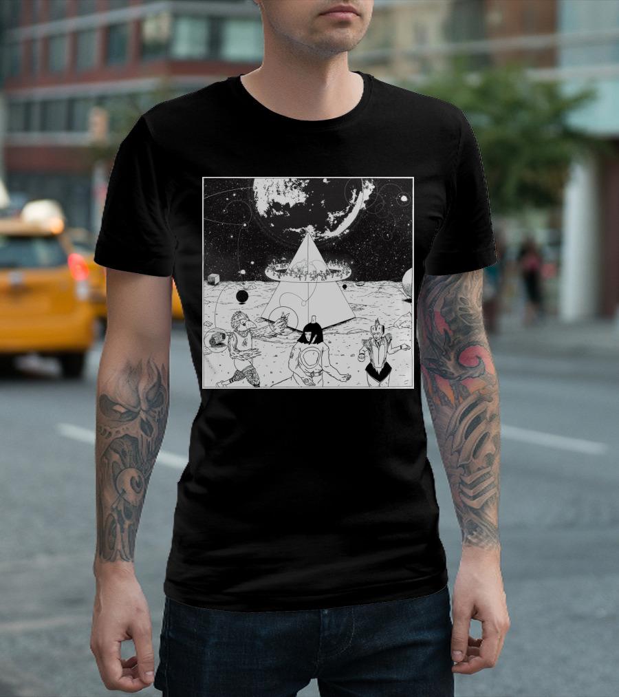 Mysterious Cosmic Pyramid With Dancing Characters Under Planetary Orbit T-Shirt
