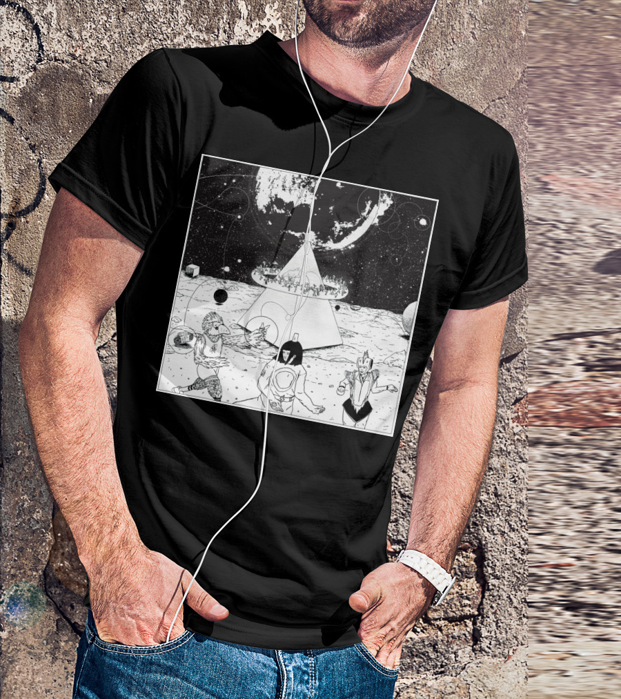 Mysterious Cosmic Pyramid With Dancing Characters Under Planetary Orbit T-Shirt