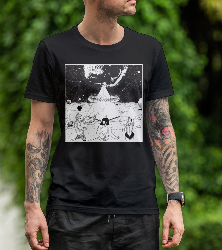 Mysterious Cosmic Pyramid With Dancing Characters Under Planetary Orbit T-Shirt