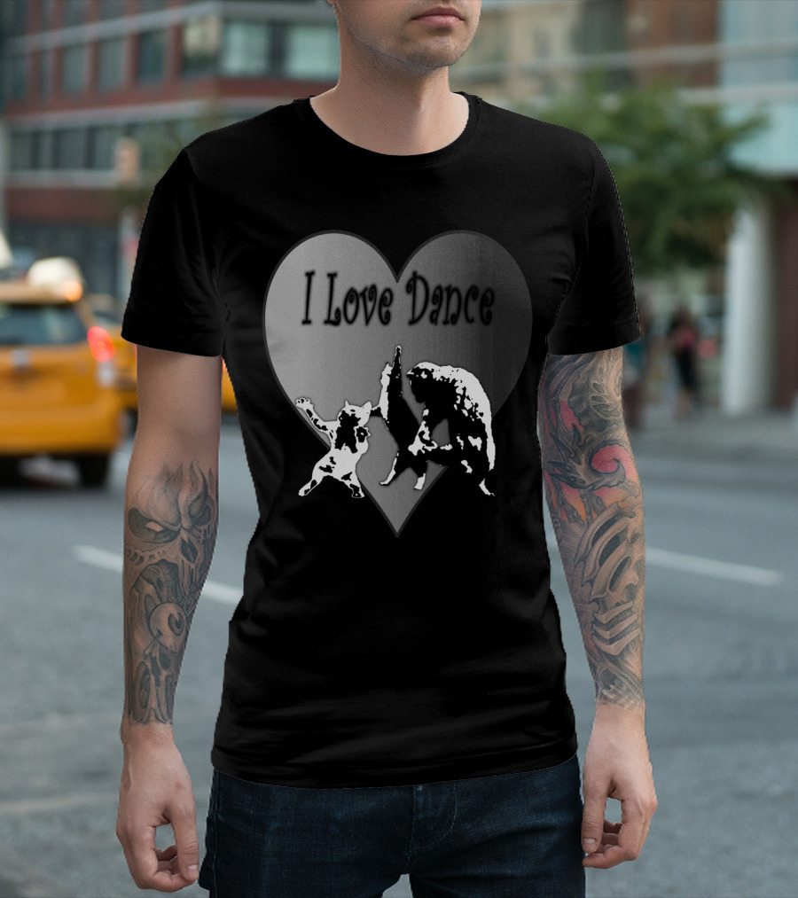 I Love Dance Cats Black Heart T-Shirt