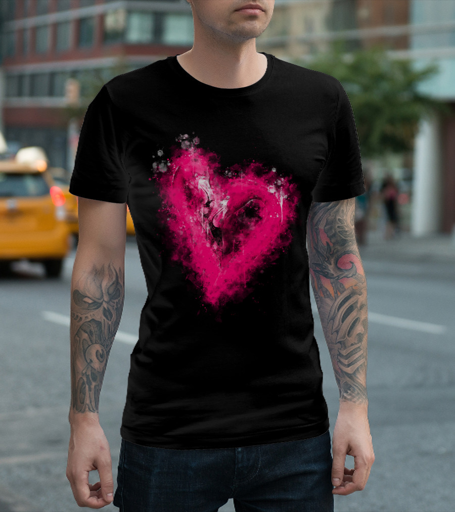 Pink Flamingo Love Heart Watercolor Splatter T-Shirt