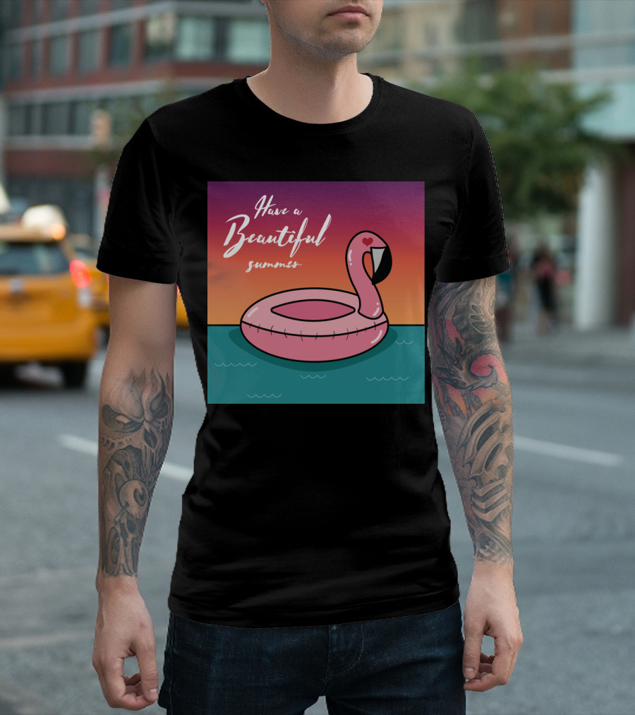 Have a Beautiful Summer Pink Flamingo Float Sunset T-Shirt