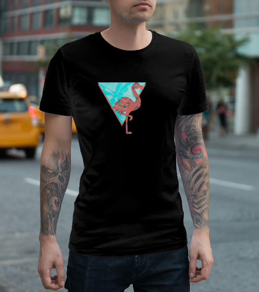 Tropical Feelings Flamingo with Palm Trees in Colorful Triangle T-Shirt