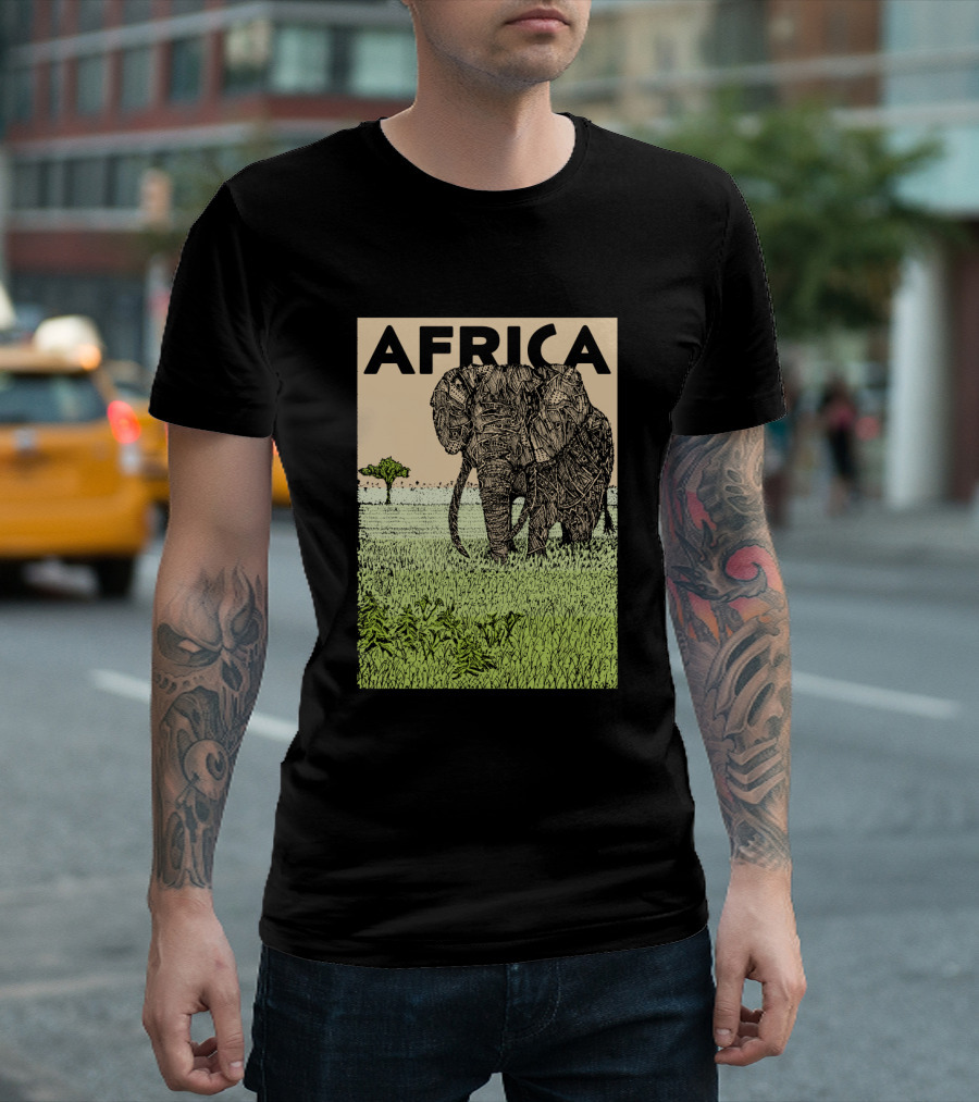 AFRICA Elephant in Grassland Scene with Stylized Tree T-Shirt