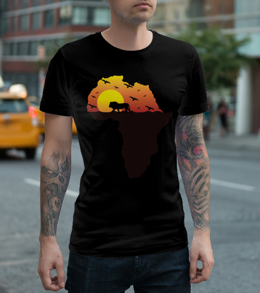 Africa Map Lion Silhouette Sunset Birds Horizon T-Shirt