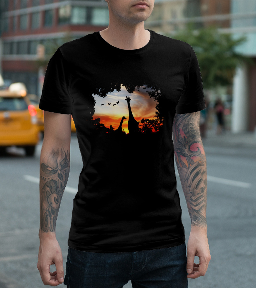 Giraffe Silhouettes Against Vibrant African Sunset with Birds in Flight T-Shirt