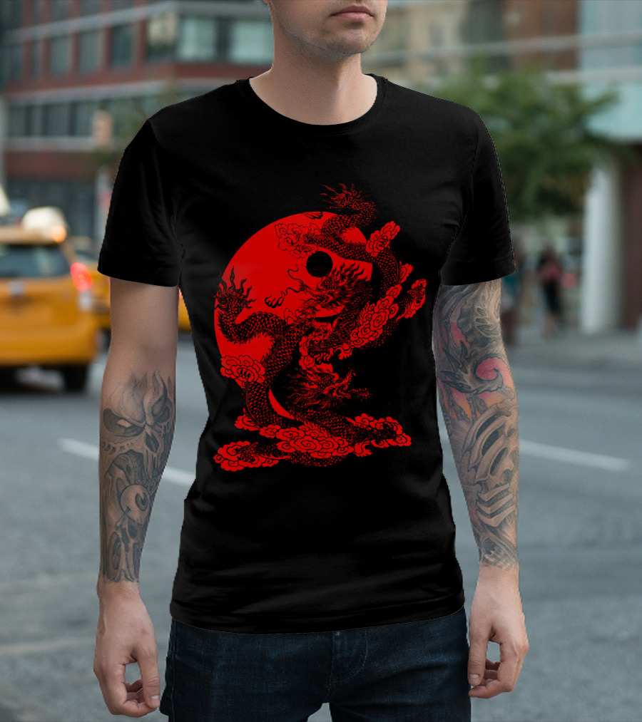 Red and Black Ying Yang Dragons with Intricate Spiral Clouds T-Shirt