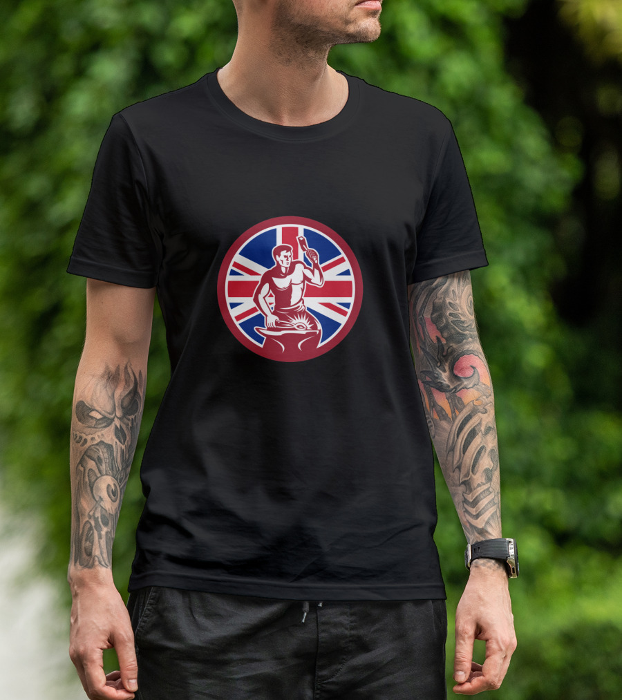 British Blacksmith Union Jack Icon With Smith Hammering On Anvil T-Shirt