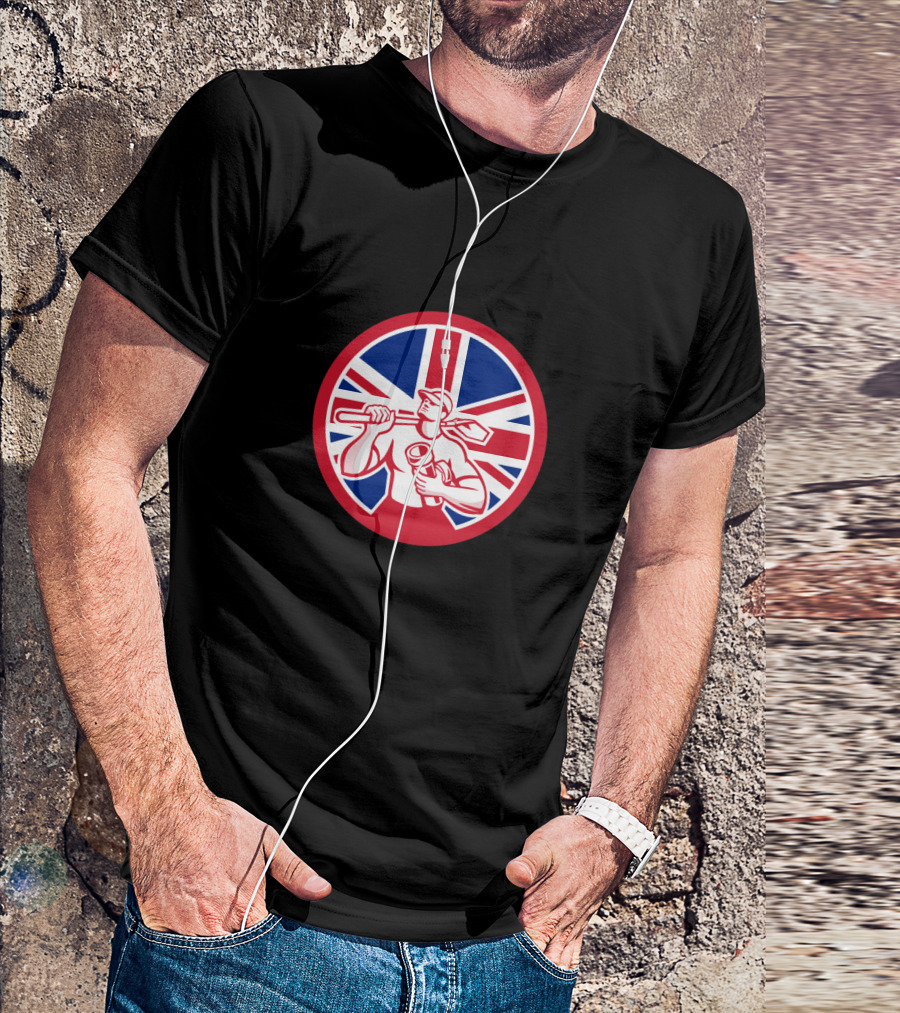 Union Jack Icon British Drainlayer Worker With Shovel And Pipe T-Shirt