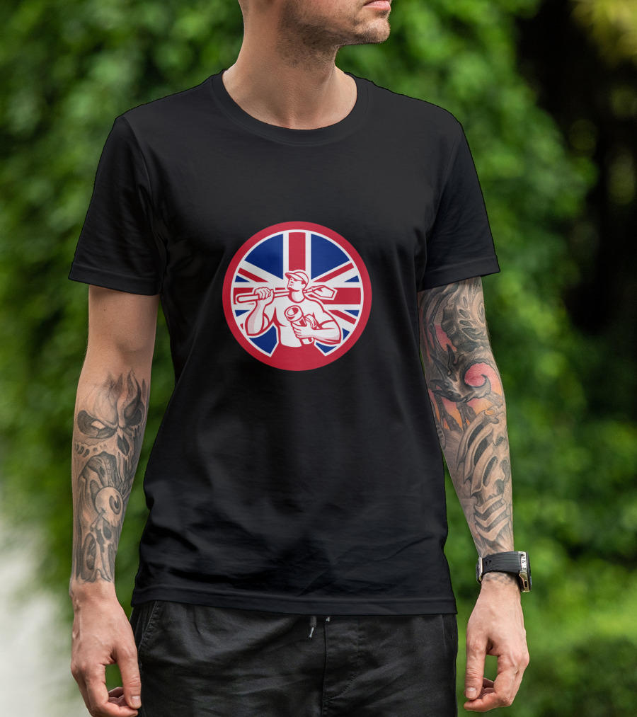 Union Jack Icon British Drainlayer Worker With Shovel And Pipe T-Shirt