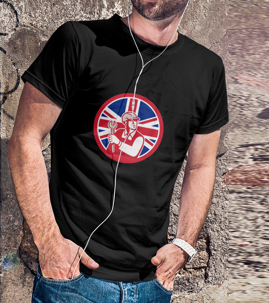 Union Jack Flag Background British Engineer Holding Wrench T-Shirt