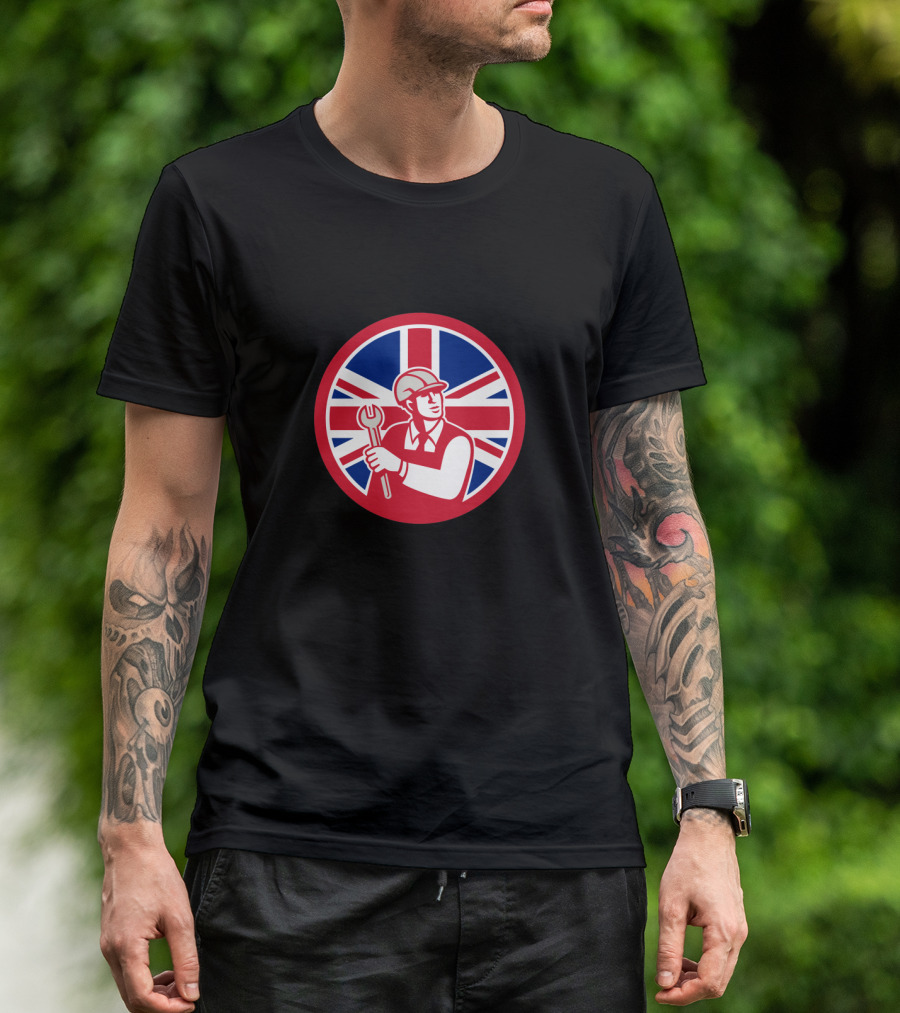 Union Jack Flag Background British Engineer Holding Wrench T-Shirt