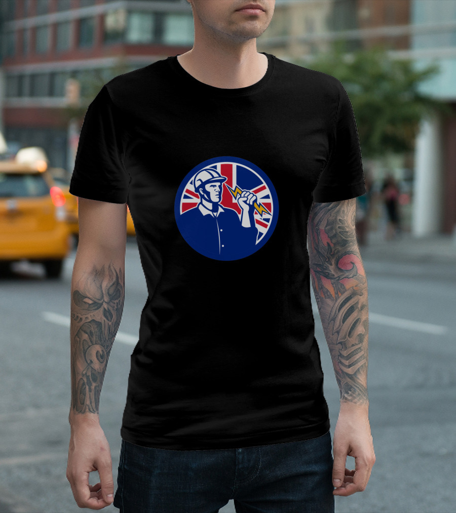 British Power Lineman Holding Lightning With Union Jack In Background T-Shirt