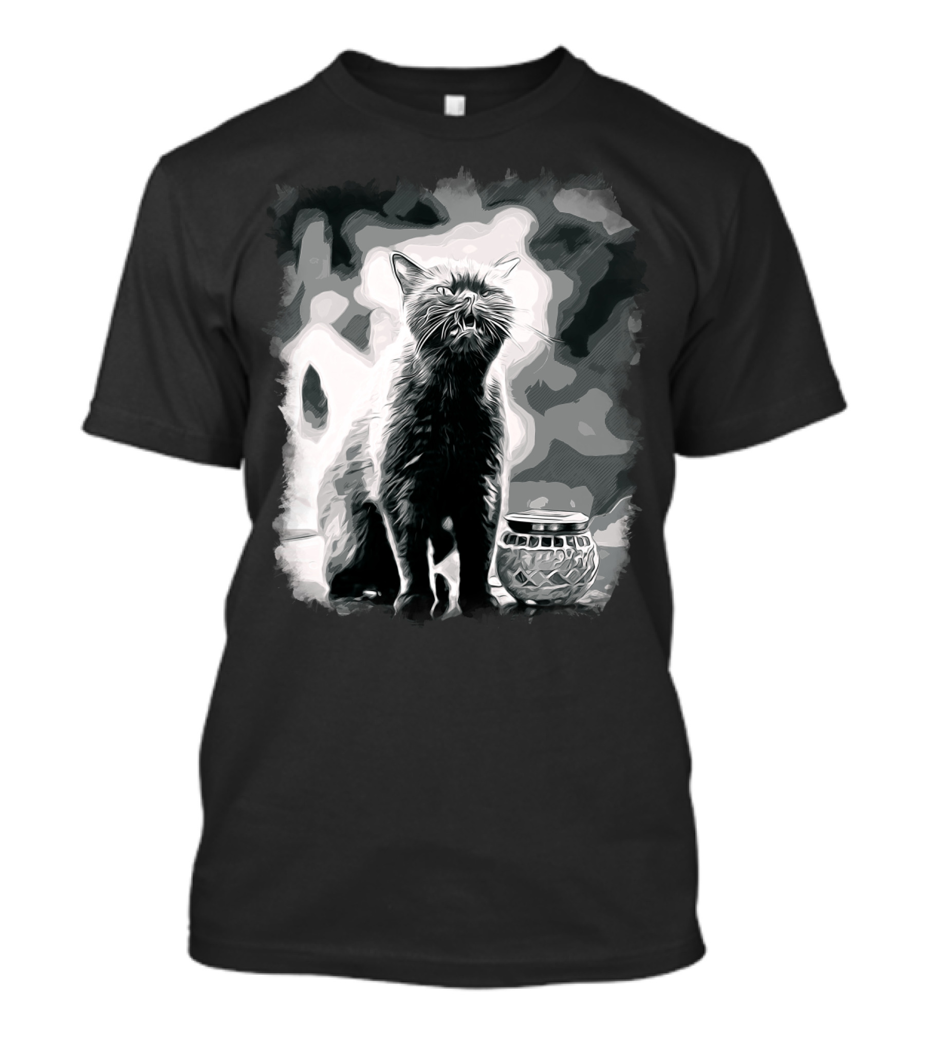 British Shorthair Cat Sitting Next To Vintage Candle Holder Monochrome Vector T-Shirt