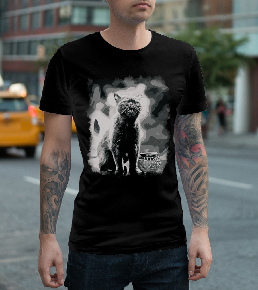 British Shorthair Cat Sitting Next To Vintage Candle Holder Monochrome Vector T-Shirt