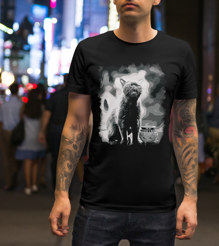 British Shorthair Cat Sitting Next To Vintage Candle Holder Monochrome Vector T-Shirt