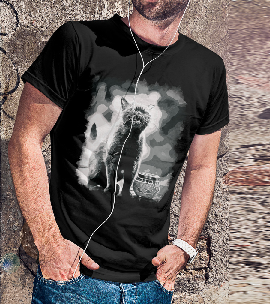 British Shorthair Cat Sitting Next To Vintage Candle Holder Monochrome Vector T-Shirt