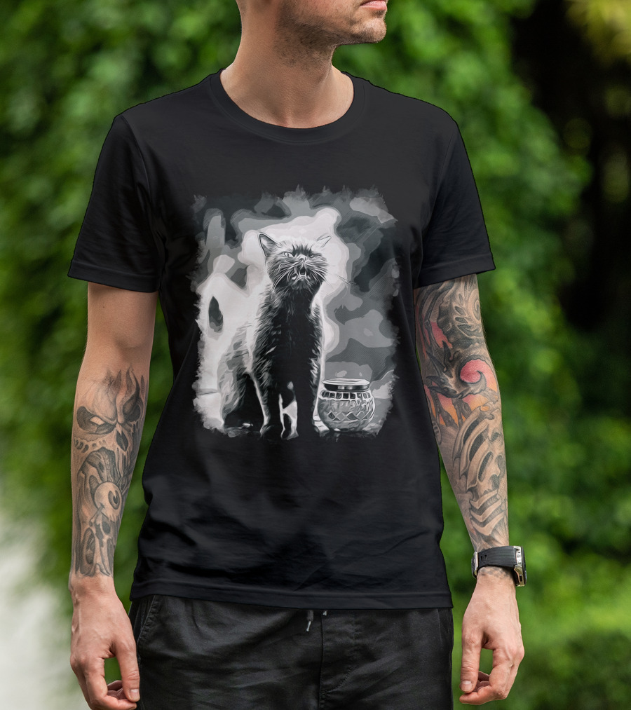British Shorthair Cat Sitting Next To Vintage Candle Holder Monochrome Vector T-Shirt