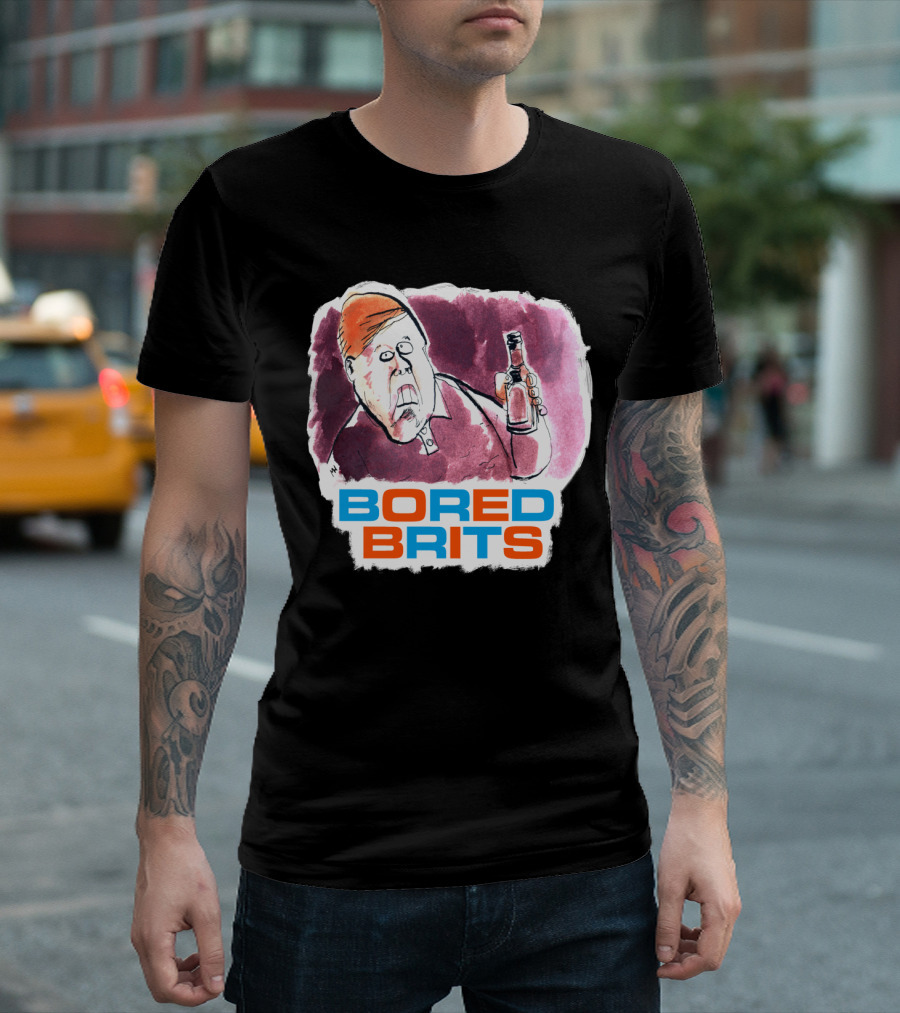 Bored Brits Holding Ale Bottle Caricature T-Shirt
