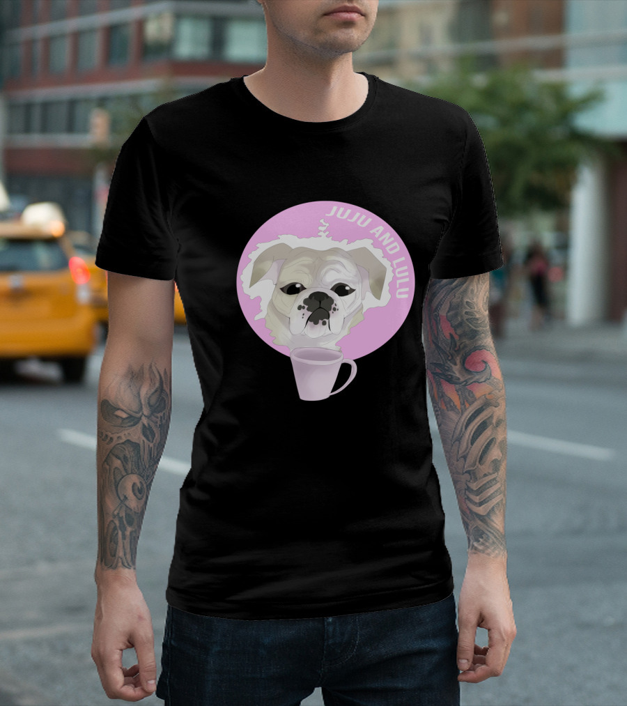 Juju and Lulu Bulldog with Pink Coffee Cup Circle T-Shirt