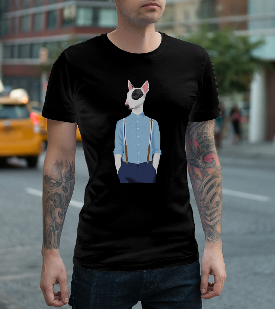 Skinhead Bull Terrier with Suspenders and Stylish Blue Button-Up T-Shirt