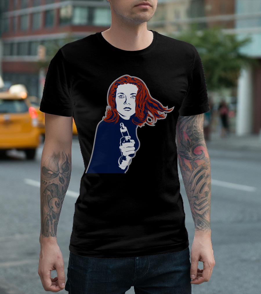 Emma Peel Iconic Spy Character With Bold Red Hair Holding A Pistol T-Shirt